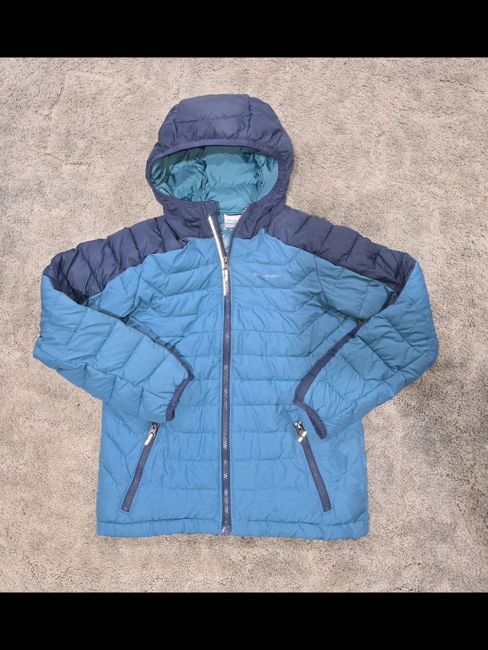Columbia Youth M Blue Hooded Puffer Jacket Zip Pockets